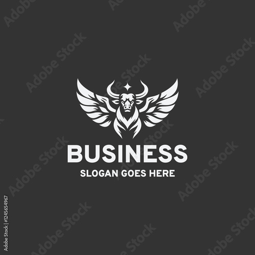 Strong winged bull logo design vector illustration in black and white style on a black background