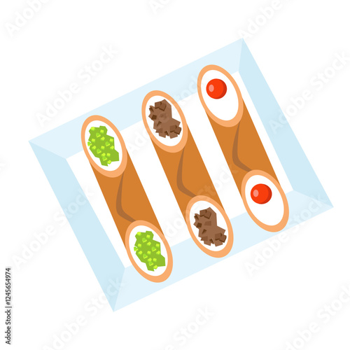 Cannoli traditional dessert of Italy. Food and sweets. Tubes of dough with filling. National cuisine. Isolated vector illustration on white background. 
