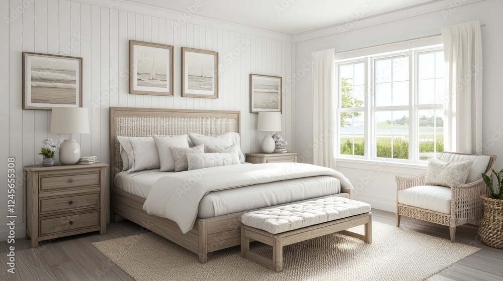 A bright and airy white bedroom with a beautifully arranged bed, subtle wall art, and a calming atmosphere created by neutral tones and textures. A bright and airy white bedroom with a beautifully arranged bed, subtle wall art, and a calming atmosphere created by neutral tones and textures.