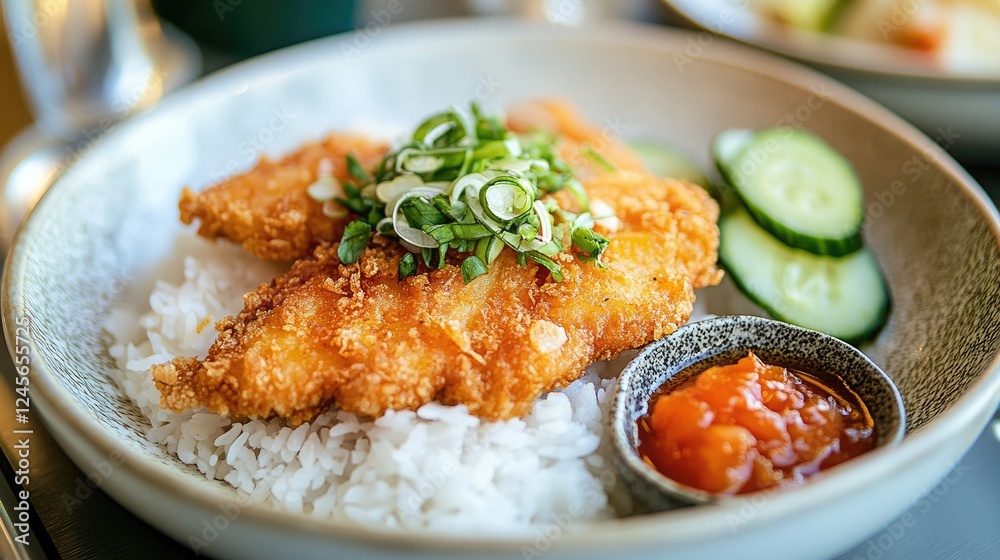 A close-up of a crispy pork dish served with a side of tangy pickles and fragrant rice, highlighting the harmony of flavors in this classic cuisine. A close-up of a crispy pork dish served with a side of tangy pickles and fragrant rice, highlighting the harmony of flavors in this classic cuisine.