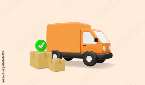 3D vector render illustration of delivery truck icon with parcel box and green check mark successful delivery Deliver parcels to their destination correctly and on time. For logistics, e-commerce