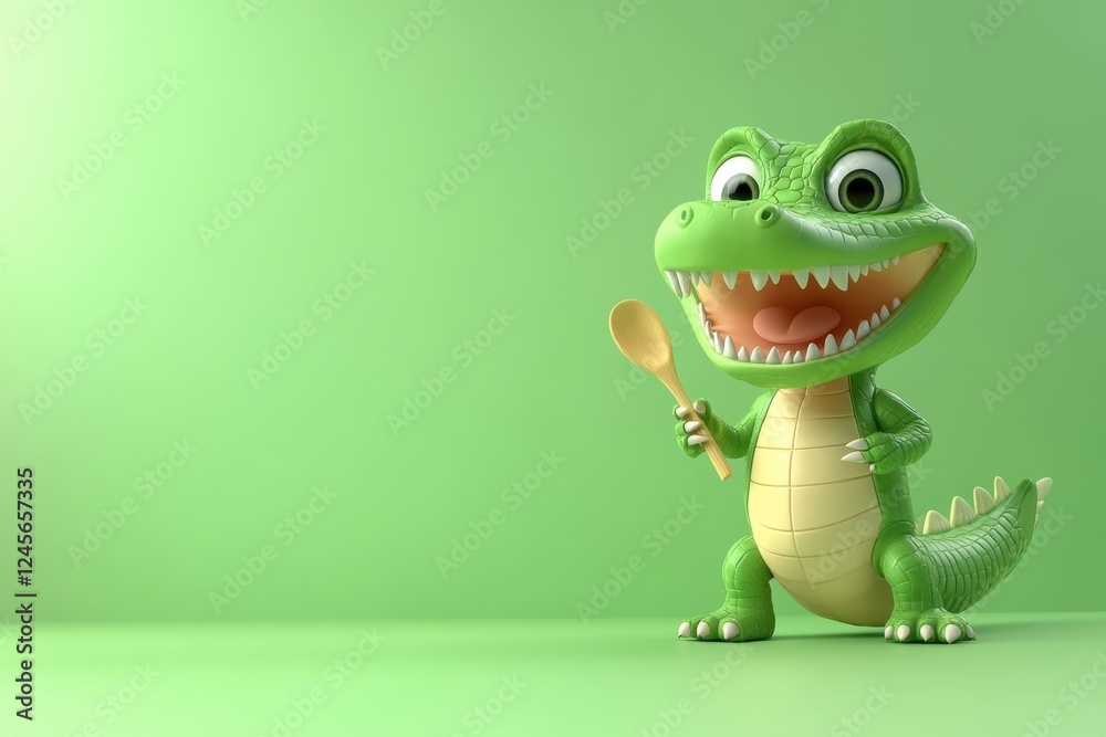 Fototapeta premium A cheerful green crocodile toy holding a spoon against a vibrant green background.