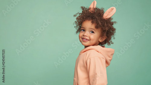 Candid side profile of joyful Brazilian 3-year-old with bunny ears hoodie on soft green for Easter celebration