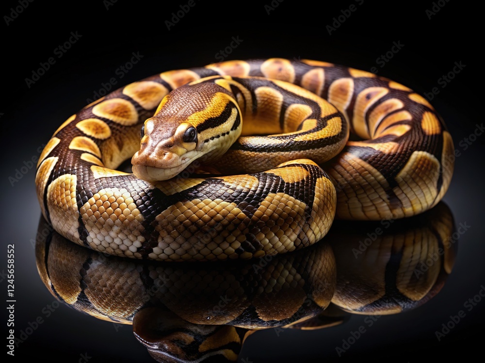 Realistic AI ball python, black backdrop. Serpent portraiture. Realistic AI ball python, black backdrop. Serpent portraiture.