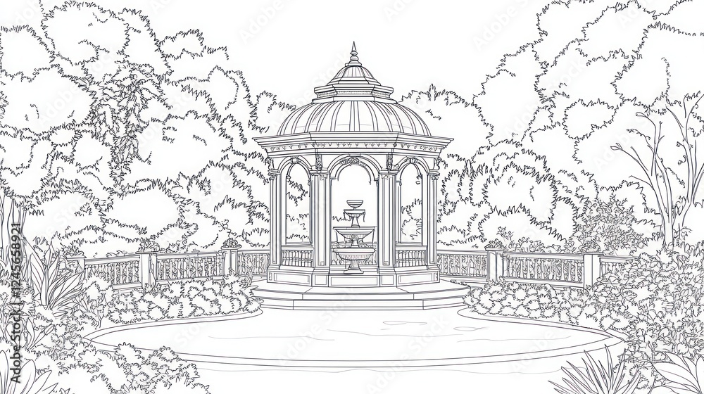 Fototapeta premium Garden gazebo fountain design blueprint