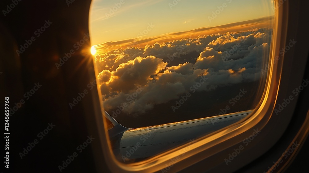 Golden Hour Above the Clouds: A Sunset View from an Airplane Window Golden Hour Above the Clouds: A Sunset View from an Airplane Window
