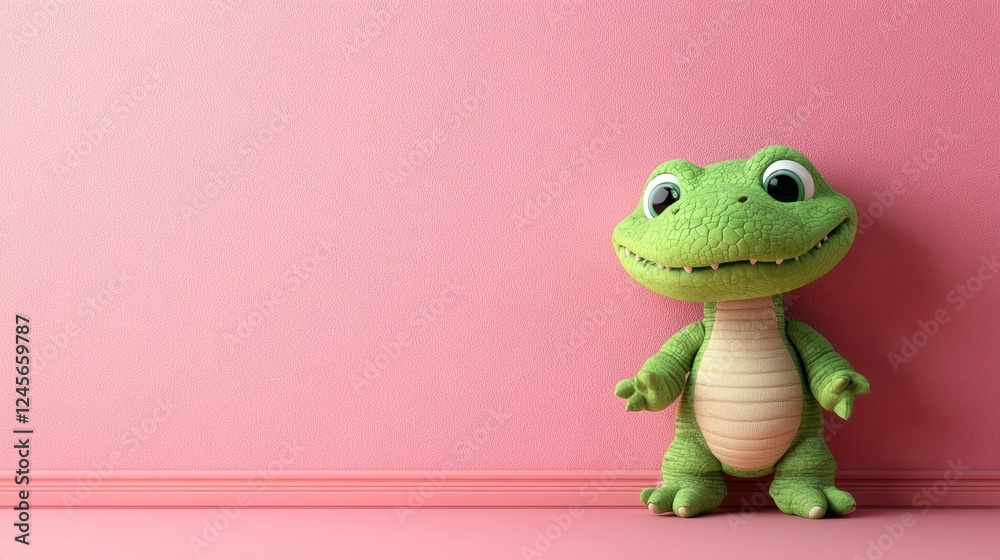 Fototapeta premium A cute green toy frog stands against a pink wall, evoking a playful and cheerful atmosphere.