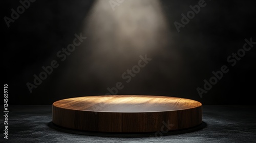 A simple wooden podium with a matte surface, with a soft, single spotlight highlighting it photo