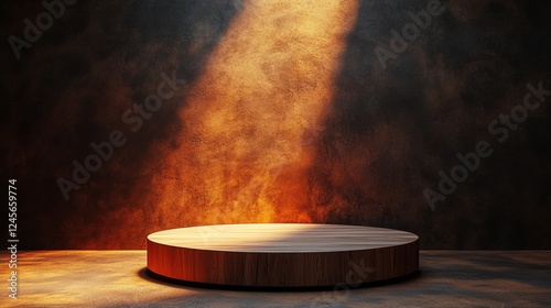 A simple wooden podium with a matte surface, with a soft, single spotlight highlighting it photo