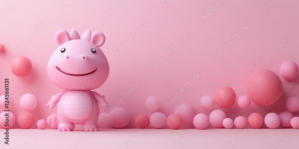 A cute pink cartoon character stands against a soft pink background with colorful spheres. A cute pink cartoon character stands against a soft pink background with colorful spheres.
