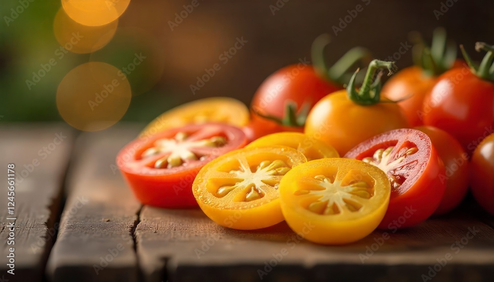 Juicy Red and Yellow Tomato Slices on Rustic Wood Juicy Red and Yellow Tomato Slices on Rustic Wood