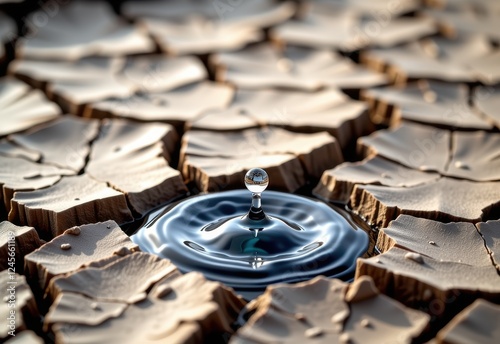 The image showcases a stark contrast between life and desolation A single, glistening water droplet falls onto the surface of a cracked and parched earth.