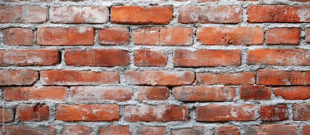 Fototapeta premium Textured red brick wall background with weathered mortar gaps displaying a rustic urban design ideal for architectural or construction themes.
