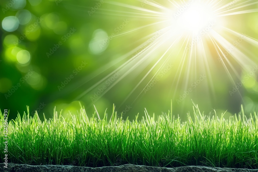 Obraz premium Abstract spring or summer nature background with green grass, blurred sun rays in the forest, and copy space for text in banner format.
