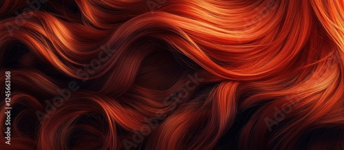 Vibrant fiery red hair in luscious curls against a dark background, showcasing rich texture and depth, enhancing beauty with striking color. photo