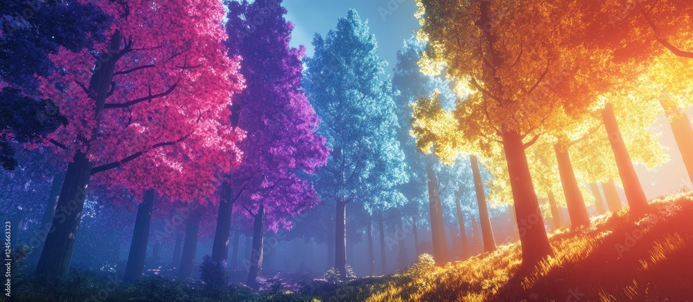 Obraz premium Colorful vibrant forest with pink, blue, and orange trees illuminated by soft light under a bright clear sky creating a tranquil nature scene