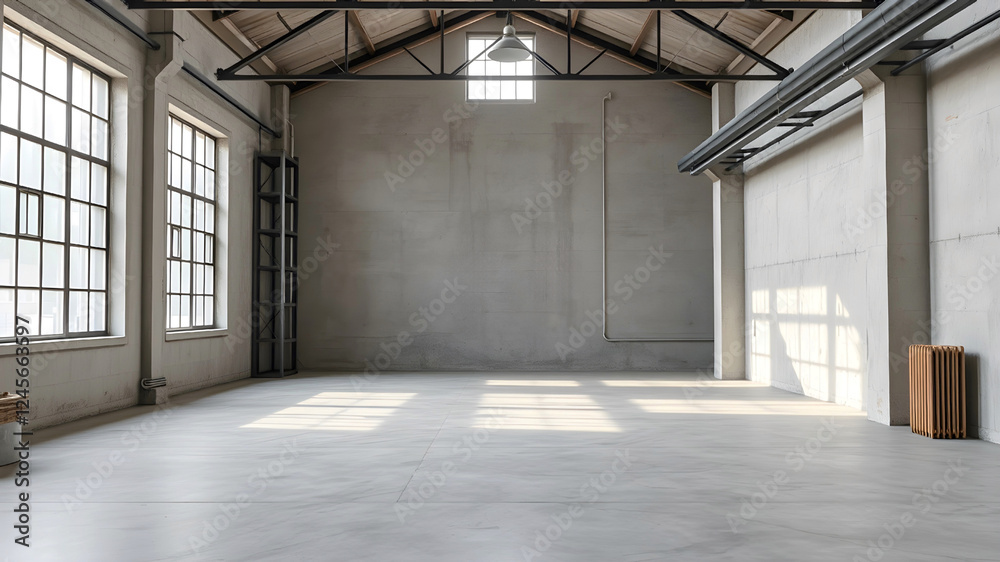 Empty loft room with concrete floor and large window. Warehouse premises Empty loft room with concrete floor and large window. Warehouse premises