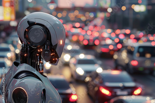 A robot is standing in the middle of a busy street with cars and traffic lights, future, technological development, automation, and urbanization concept.