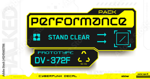 Cyberpunk decal. Vector sticker, label in futuristic style. Inscription Perfomance Pack