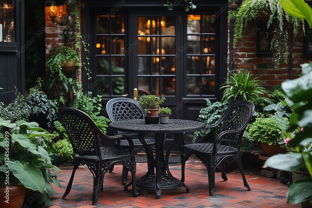 Obraz premium Black and white photo of an iron patio table and chairs on red brick pavers, surrounded by lush green plants, creating a cozy outdoor atmosphere for relaxation.