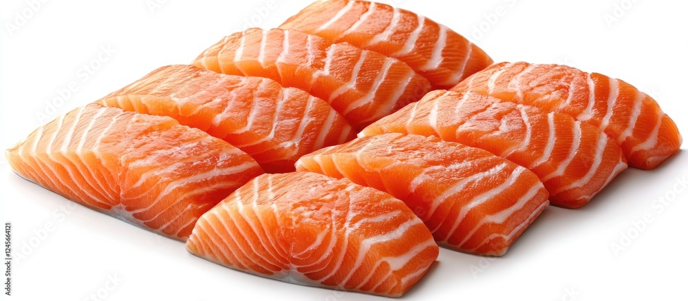 Freshly sliced salmon fillets arranged neatly on a white background showcasing vibrant orange with glossy textures and distinct marbling details. Freshly sliced salmon fillets arranged neatly on a white background showcasing vibrant orange with glossy textures and distinct marbling details.