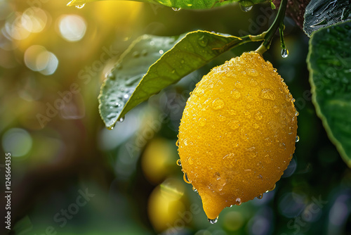 A lemon is hanging from a tree with raindrops on it, freshness, juiciness, and the exoticism of tropical fruits concept.