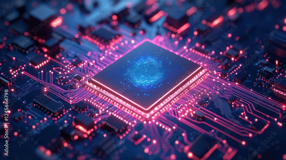 Close-up of a glowing CPU with a digital brain inside. Close-up of a glowing CPU with a digital brain inside.