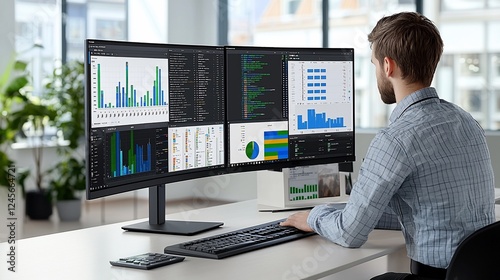 Analyst reviewing data on dual monitors in modern office