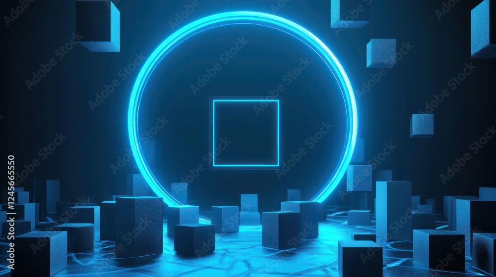 Symmetrically arranged torus shapes and cubes frame a 3D badge mockup, set within a split circular neon blue frame. Symmetrically arranged torus shapes and cubes frame a 3D badge mockup, set within a split circular neon blue frame.