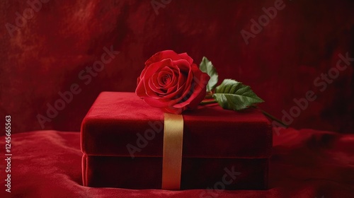 A single red rose resting on a red velvet box, with a golden ribbon elegantly tied, creating a sophisticated and romantic Valentine's Day concept