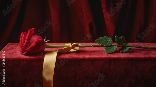 A single red rose resting on a red velvet box, with a golden ribbon elegantly tied, creating a sophisticated and romantic Valentine's Day concept