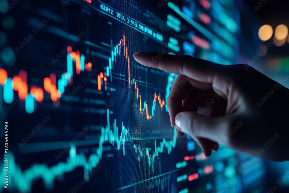 Hand analyzing stock market data on screen at night (1) Hand analyzing stock market data on screen at night (1)