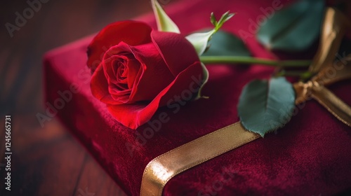 A single red rose resting on a red velvet gift box with a golden ribbon, symbolizing love, elegance, and Valentine's Day romance