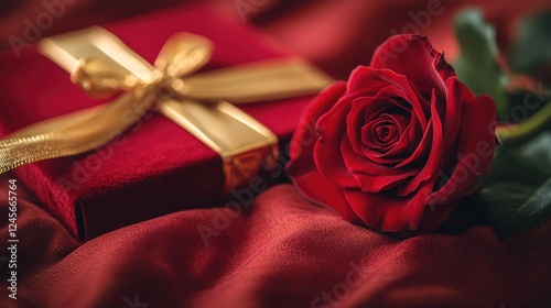 A single red rose resting on a red velvet gift box with a golden ribbon, symbolizing love, elegance, and Valentine's Day romance