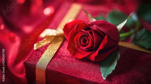 A single red rose resting on a red velvet gift box with a golden ribbon, symbolizing love, elegance, and Valentine's Day romance