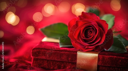 A single red rose resting on a red velvet gift box with a golden ribbon, symbolizing love, elegance, and Valentine's Day romance