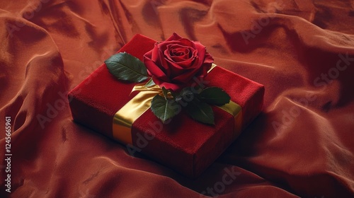 A single red rose resting on a red velvet gift box with a golden ribbon, placed on a silky background, radiating love, romance, and elegance for Valentine's Day