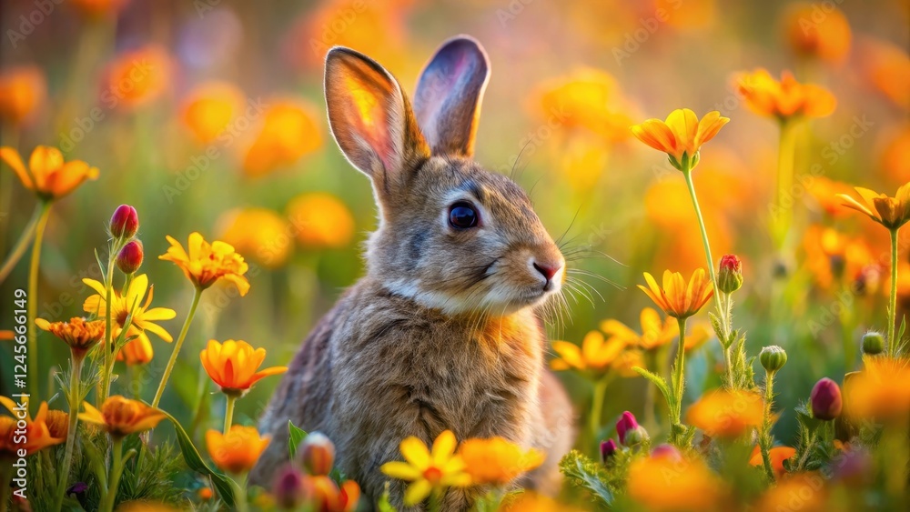 A fluffy brown bunny rabbit sits amidst a vibrant field of bright orange wildflowers, bathed in the warm glow of sunlight, enjoying a peaceful moment in nature's embrace. A fluffy brown bunny rabbit sits amidst a vibrant field of bright orange wildflowers, bathed in the warm glow of sunlight, enjoying a peaceful moment in nature's embrace.