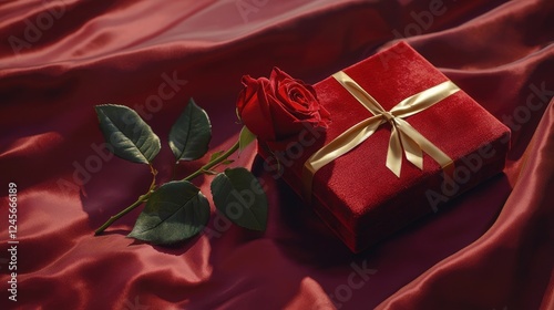A single red rose resting on a red velvet gift box with a golden ribbon, placed on a silky background, radiating love, romance, and elegance for Valentine's Day