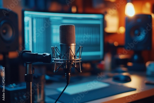 Studio microphone recording audio, computer screen, home setup, night photo