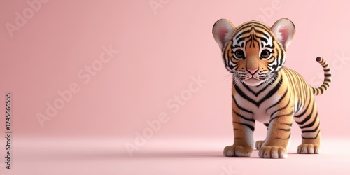 A cute, cartoon-style tiger cub standing on a pink background.