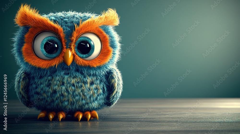 Fototapeta premium A cute, fluffy owl with big eyes and vibrant colors sitting on a wooden surface.