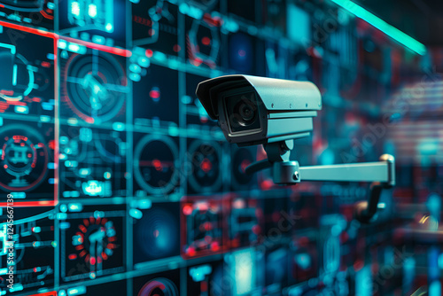 A computer monitor displays a camera view of a room with multiple screens. surveillance secure protection system and recording tape archive with online network IP connection.