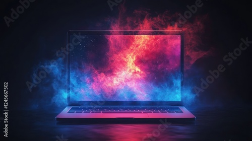 Laptop emitting vibrant, smoky, cosmic flames.