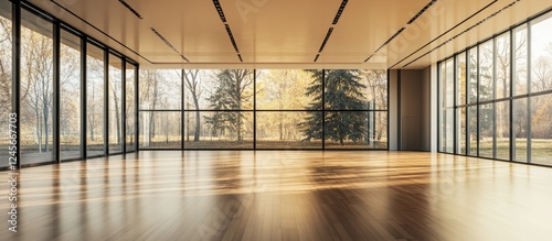 Fototapeta Naklejka Na Ścianę i Meble -  Modern empty indoor space with large glass windows, natural light streaming in, wooden floor, and backdrop of trees in warm autumn colors.