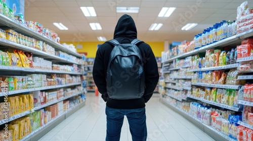 Hooded figure with backpack stands in supermarket aisle, facing away from camera, amidst shelves of goods. photo