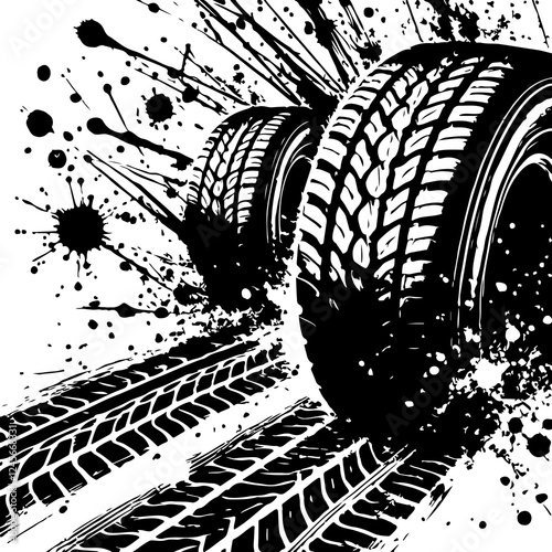  Tire tracks and black paint splatter on a white background, with different tread patterns and a dynamic, messy look