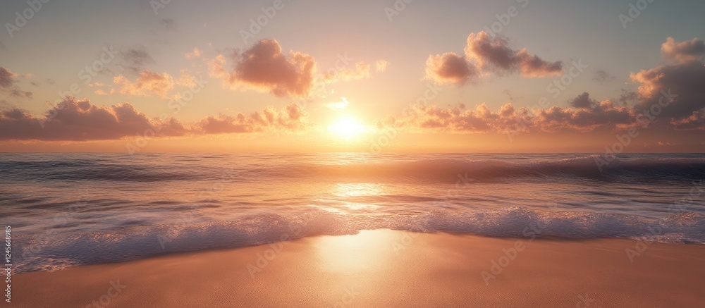 Vibrant sunset over a tranquil tropical beach with soft waves, warm orange and pink hues in the sky reflecting on calm water, evoking paradise. Vibrant sunset over a tranquil tropical beach with soft waves, warm orange and pink hues in the sky reflecting on calm water, evoking paradise.
