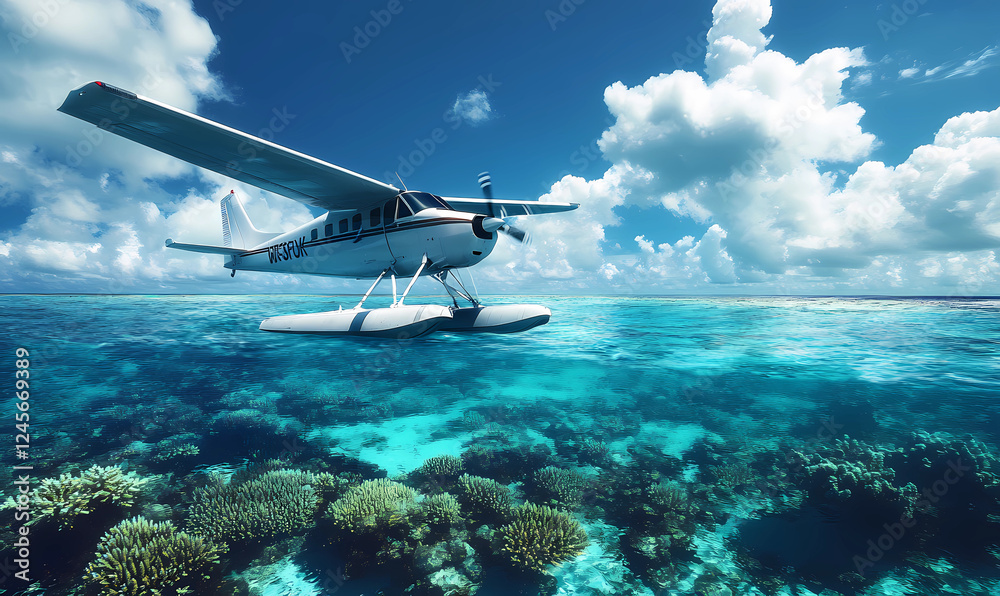 Naklejka premium Seaplane Tropical View – Skim Over Coral Reefs for a Stunning Aerial Perspective