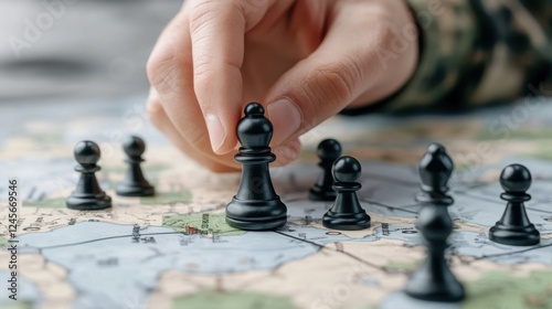 Hand moving black chess piece on map, military strategy, geopolitical planning, close-up view.